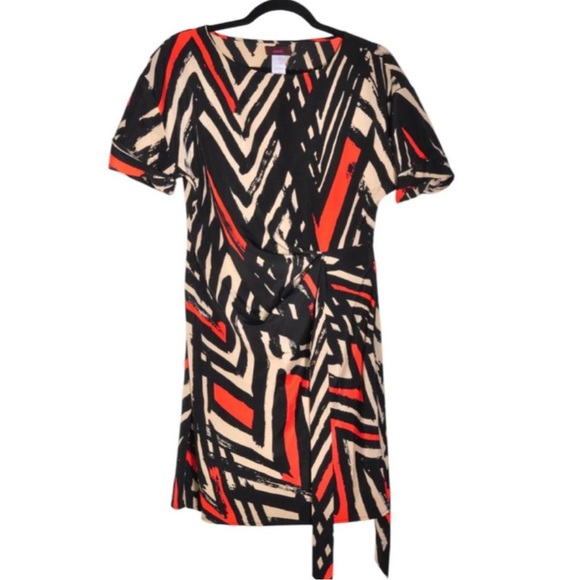 Mark. Faux Wrap Tie Waist Black and Tan  Midi Dres. Abstract Pattern, Modest. - Picture 2 of 8